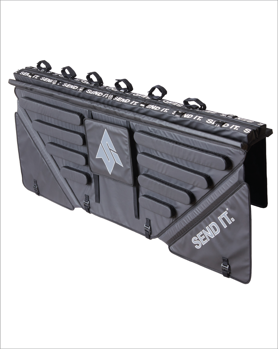Image of the full size Send It High Roller Tailgate Pad. Shows the pad from the front and at angle as if the tailgate pad was installed on a truck with inside of the tailgate pad showing. The full size truck tailgate bike pad has a sliding window, heavy duty padding, and 6 straps to secure your bikes.