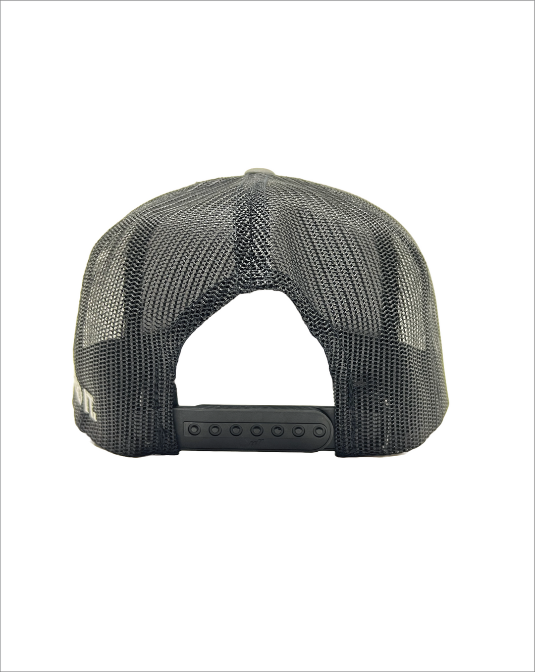 Image from the back of the Send It Icon trucker hat classic style in heather grey with embroidered logo on the front and the send it phrase embroidered on the mesh. Yupoong authentic classic snap back style. 