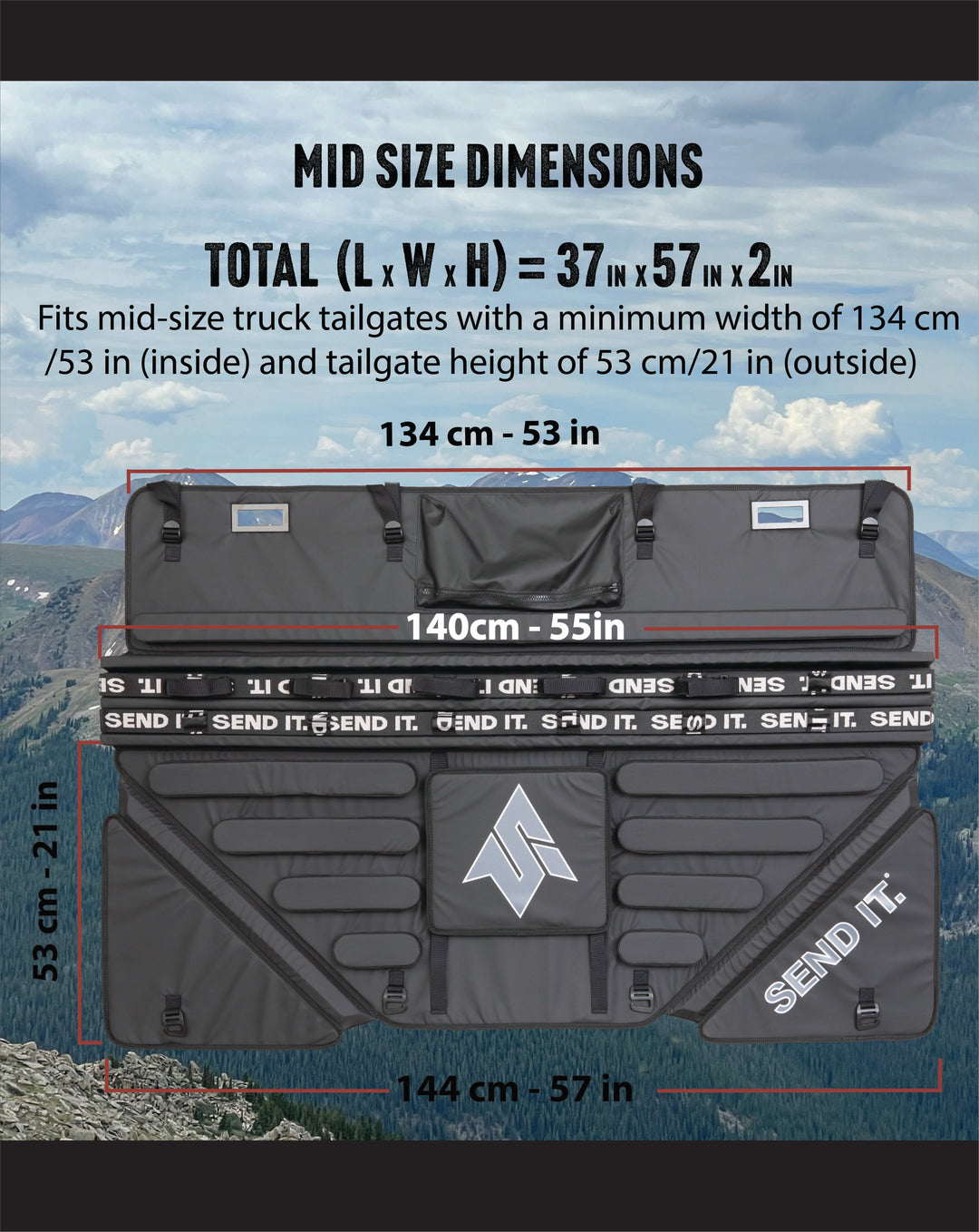 Image Showing the send it roller tailgate pad with all dimensions called out. The tailgate pad is 53 inches wide on the inner truck bed panel, 55in on the top of the tailgate pad, and 57 inches wide for the outer panel of the tailgate.