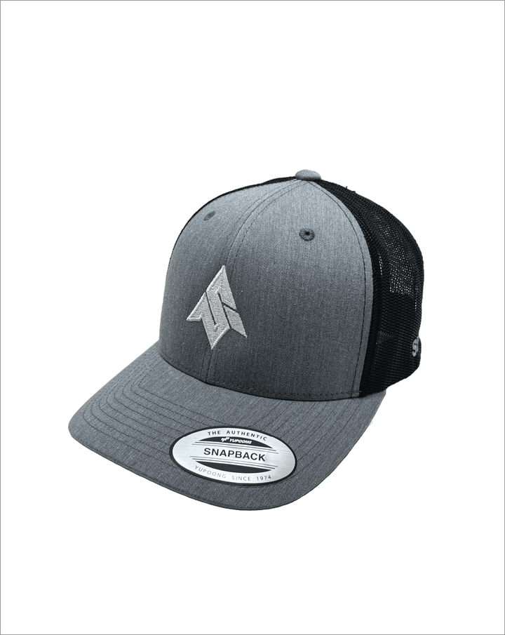Image from the front of the Send It Icon trucker hat classic style in heather grey with embroidered logo on the front and the send it phrase embroidered on the mesh. Yupoong authentic classic snap back style. 