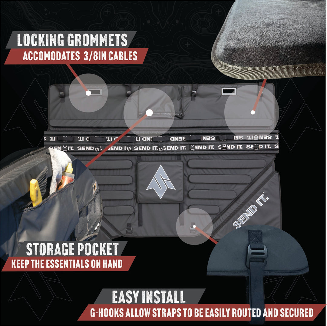 Exploded images of the send it high roller tailgate pad showcasing the microfiber fleece lined interior lining of the pad, the zippered storage pocket feature, the easy install G hooks feature, and the lockable metal grommets for securing your bikes from theft.