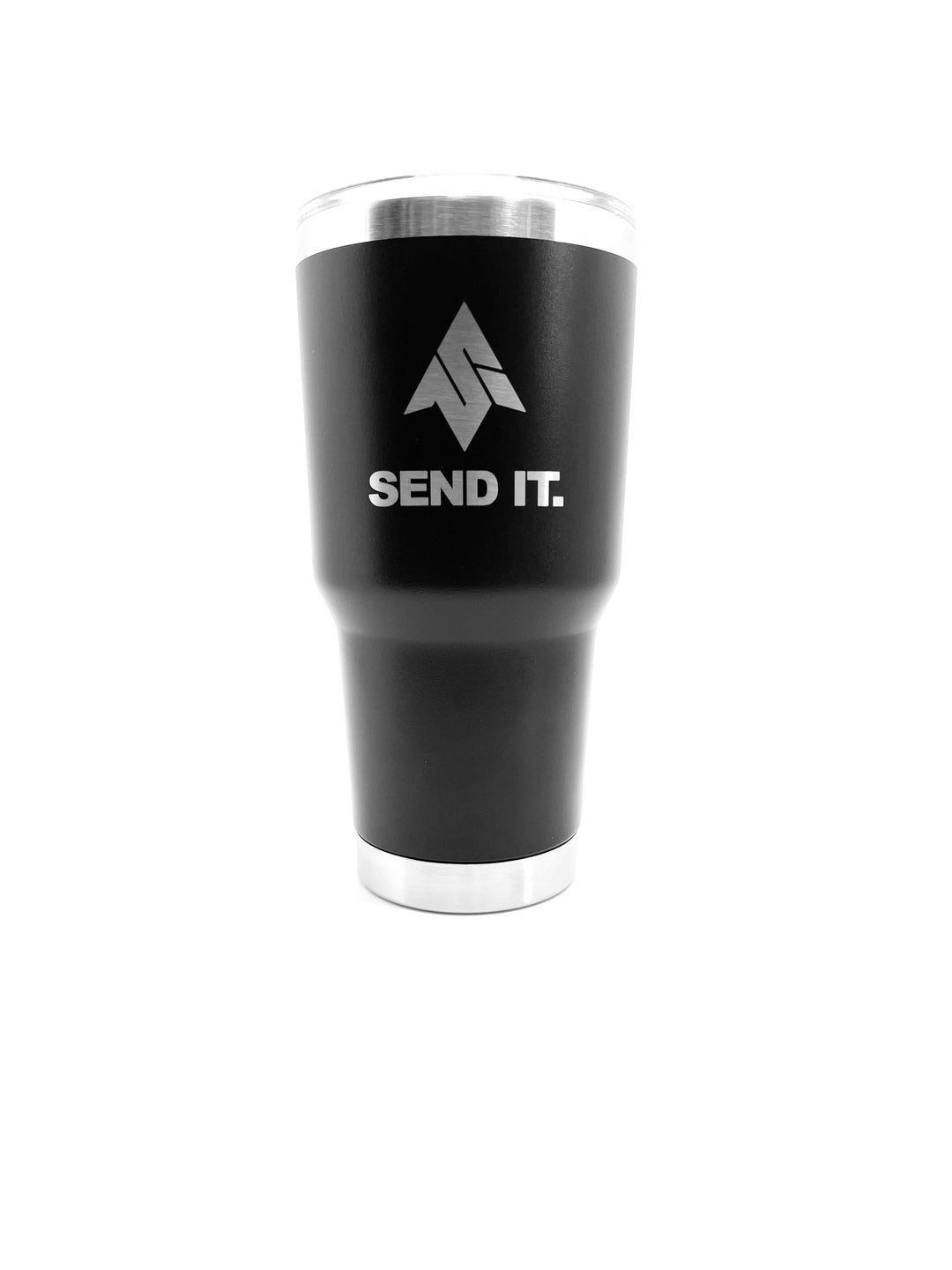 The send it 30oz tumbler with lid shown secured on the send it 30 oz stainless steel vacuum insulated tumbler. The send it tumbler features the iconic send it logo laser etched onto the tumbler.