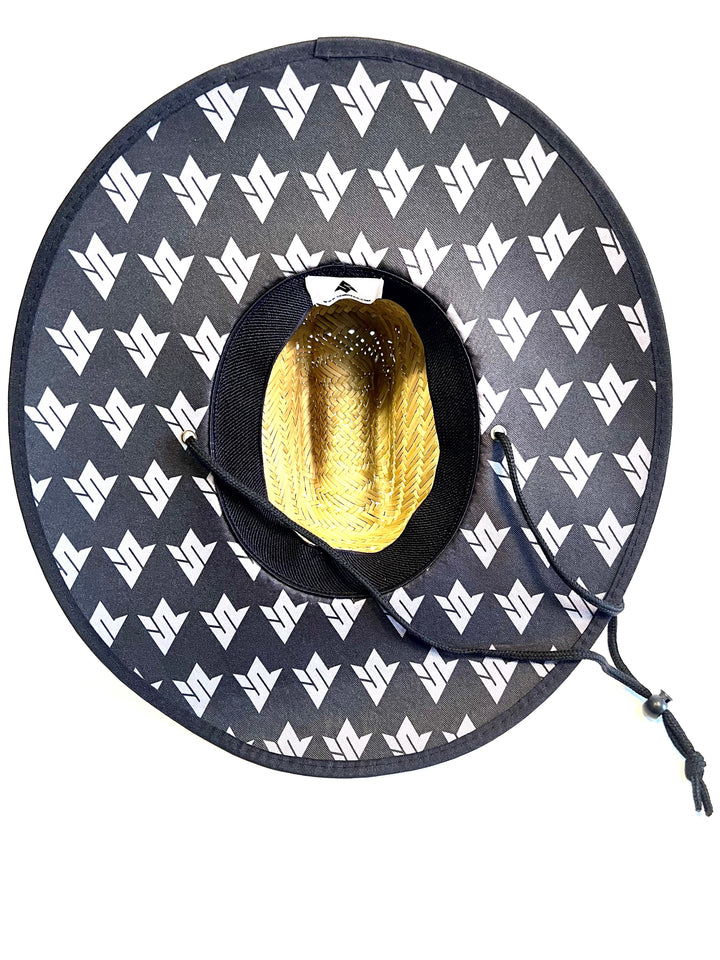 Image of the underside of the Send It Straw hat for summer shade. The Straw hat features the inconic send it logo printed in a repeating pattern on the fabric on the underside of the hat.