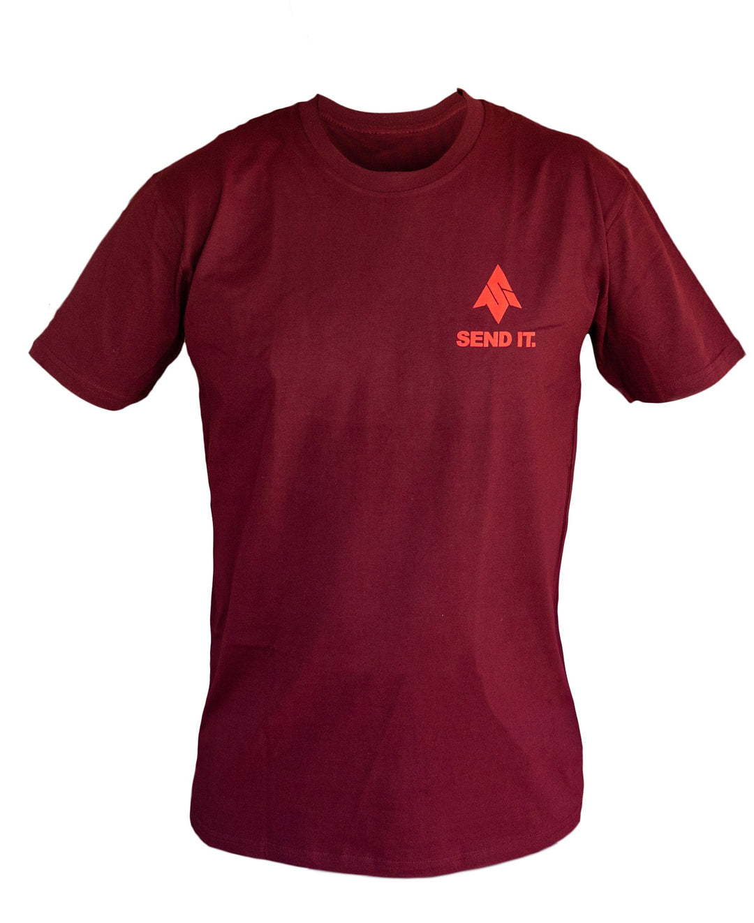 Image of the front of the mens Send It Inbound T-shirt featuring the send it iconic logo on the left of the chest in a fiery red printed on a cabernet colored shirt.