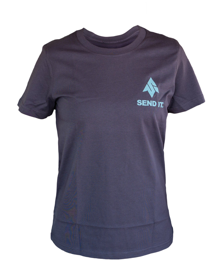Image of the front of the womens Send It Inbound T-shirt featuring the send it iconic logo on the left of the chest in a light blue color printed on a petrol blue colored shirt.