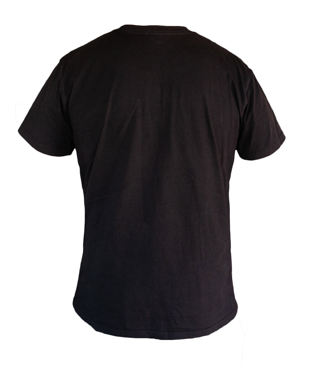 Image of the back of the mens Send It Outlier T-shirt featuring no print on a dark black colored shirt.