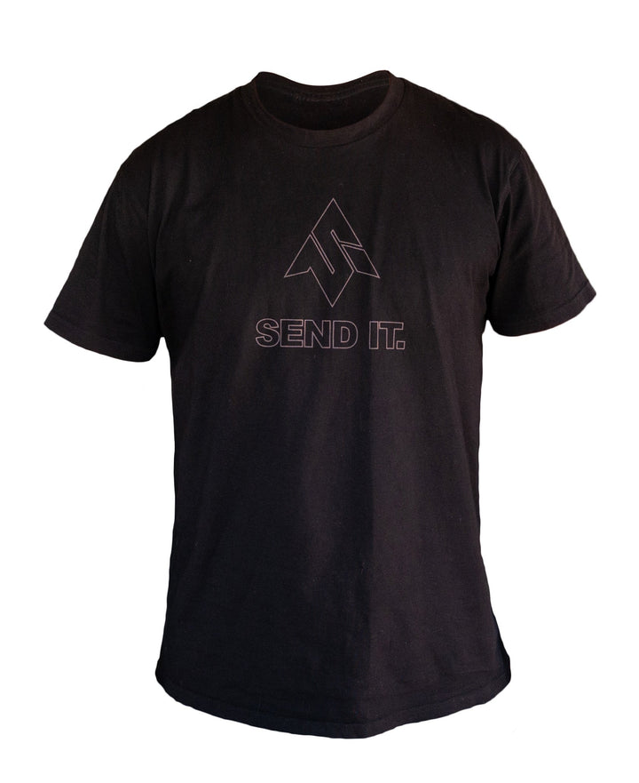 Image of the front of the mens Send It Outlier T-shirt featuring the send it iconic logo printed on the middle of the chest in a smoke grey color on a dark black colored shirt.