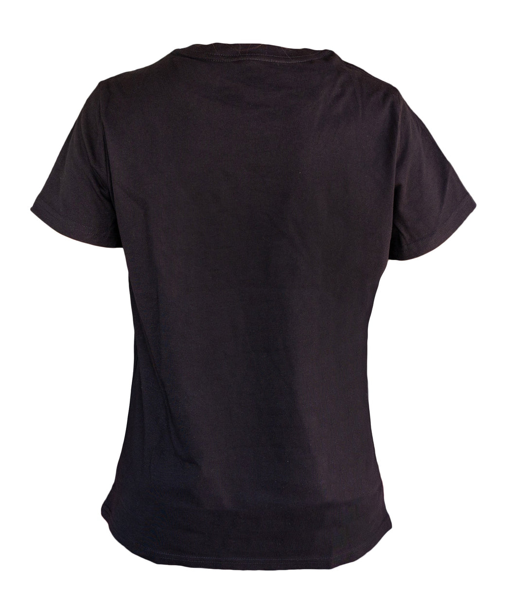 Image of the back of the womens Send It Outlier T-shirt featuring no print on a dark black colored shirt.