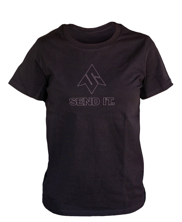 Image of the front of the womens Send It Outlier T-shirt featuring the send it iconic logo printed on the middle of the chest in a smoke grey color on a dark black colored shirt.